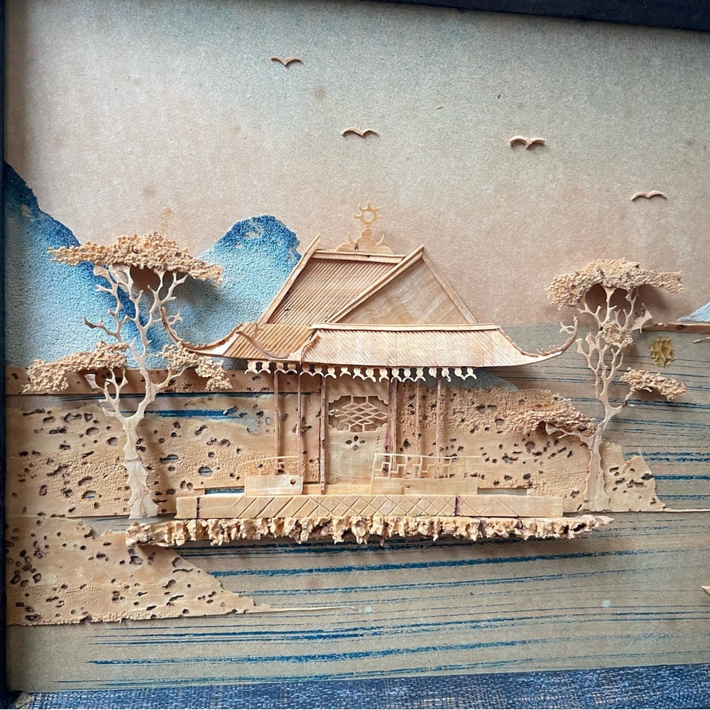 Antique 1930s Chinese Cork Carving Art 3D Pagoda Diorama W/ Birds Trees Framed